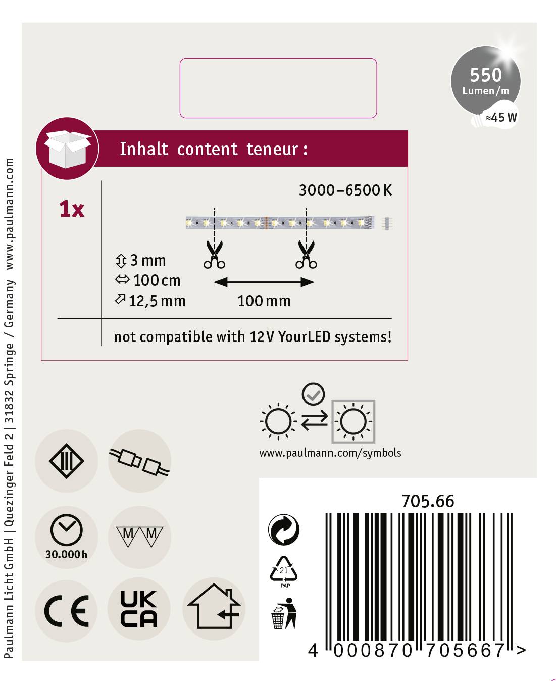 Verpackungsrückseite für LED-Streifen: '1x Inhalt, 3000-6500K, 100cm. Nicht kompatibel mit 12V-Systemen.' Herstellerlogo und Barcode.