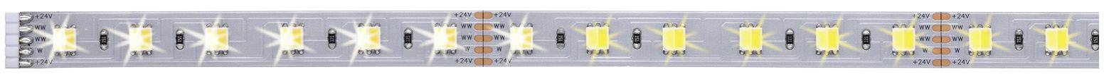 Eine lange LED-Lichtleiste mit gelben Leuchtdioden und kleinen Widerständen auf einer grauen Platine.