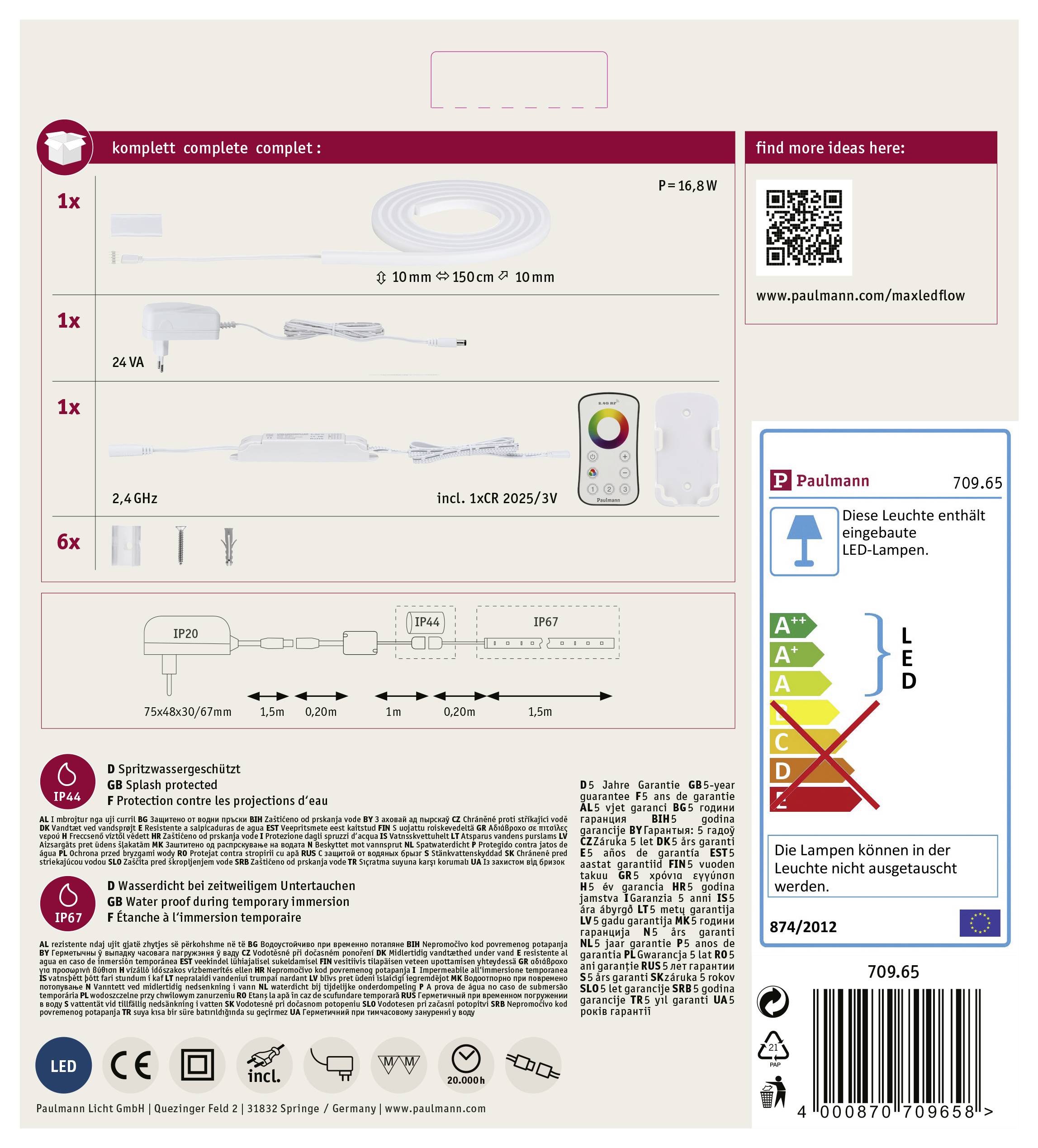 Packungsrückseite eines LED-Beleuchtungssets mit Produktabbildungen, technischen Details, QR-Code, Energieeffizienzlabel und Sicherheitshinweisen.