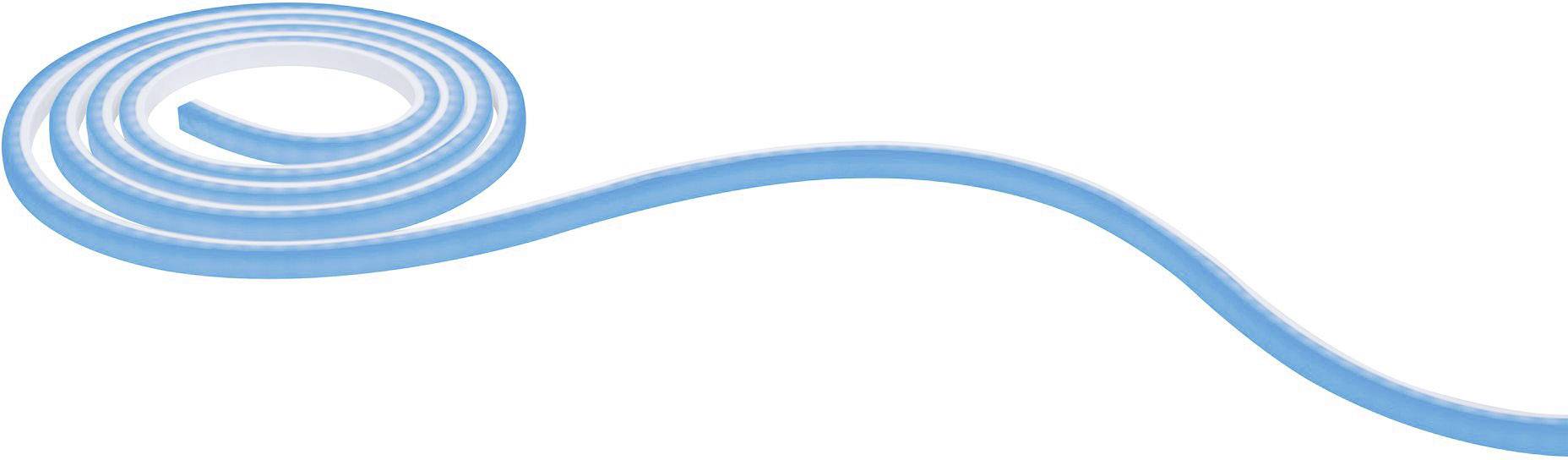 Blaues, spiralförmig aufgerolltes Band, das sich zu einem geschwungenen Ende hin entfaltet.