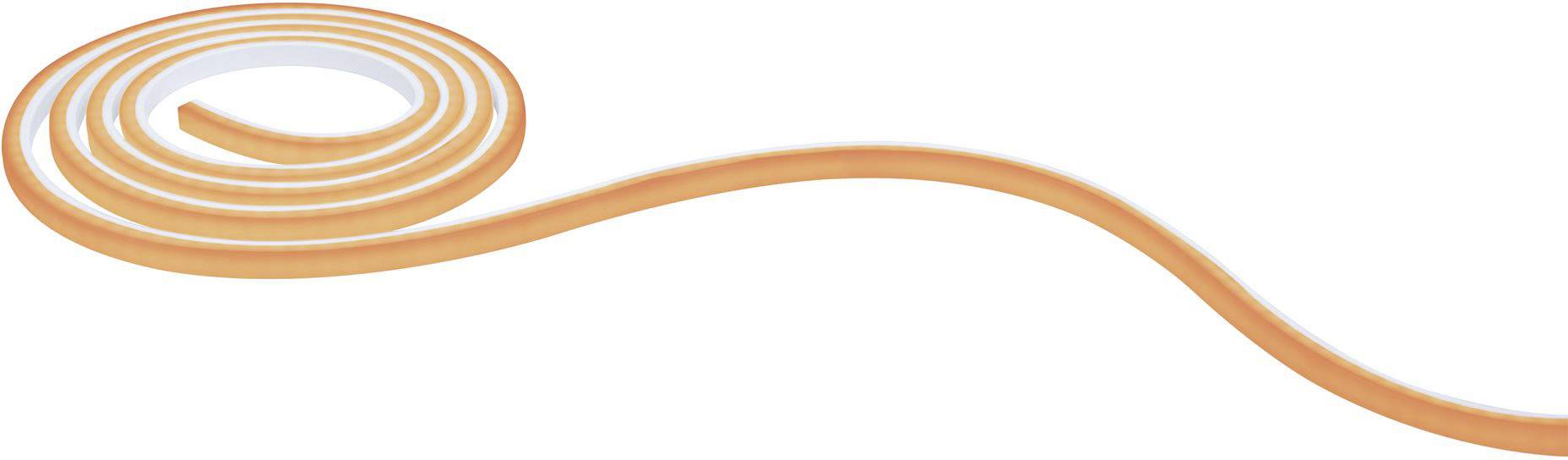 Ein orangefarbenes, flexibles LED-Lichtband windet sich spiralförmig und erstreckt sich wellenförmig nach rechts.