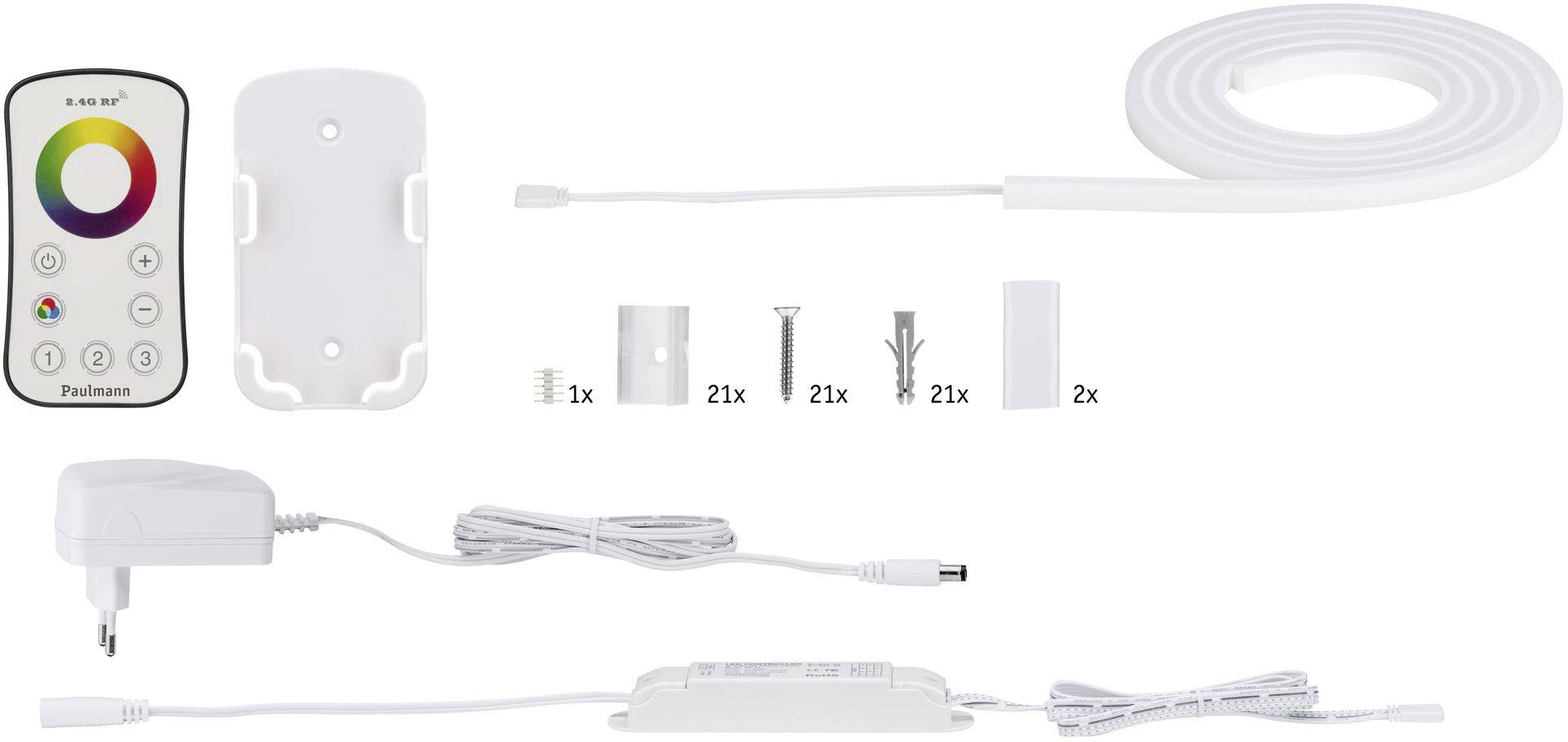 LED-Leuchtband-Set mit Fernbedienung, Netzkabel, Empfänger und Montagematerial inkl. Schrauben, Dübel und Halterungen.