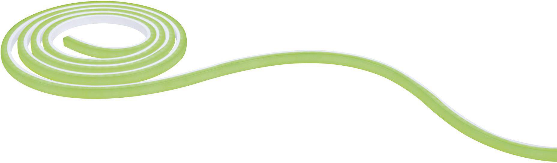 Ein langes, spiralförmiges grünes Band aus Gummi windet sich zu einer lockeren Spirale, die sich in eine Wellenform ausrollt.