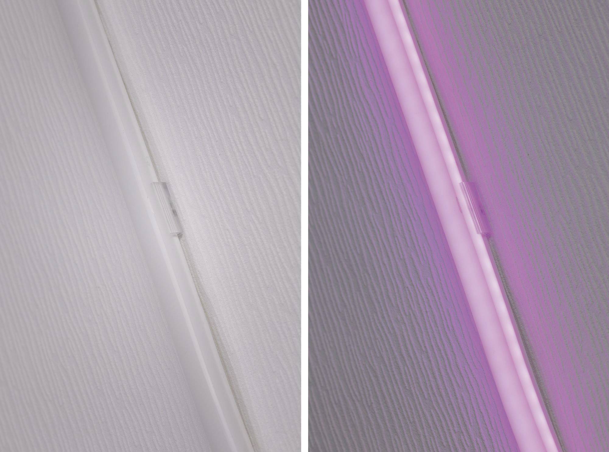 Zwei Nahaufnahmen eines Lichts: links weiß, rechts pink leuchtend, in schlankem Gehäuse vor gerilltem Hintergrund.