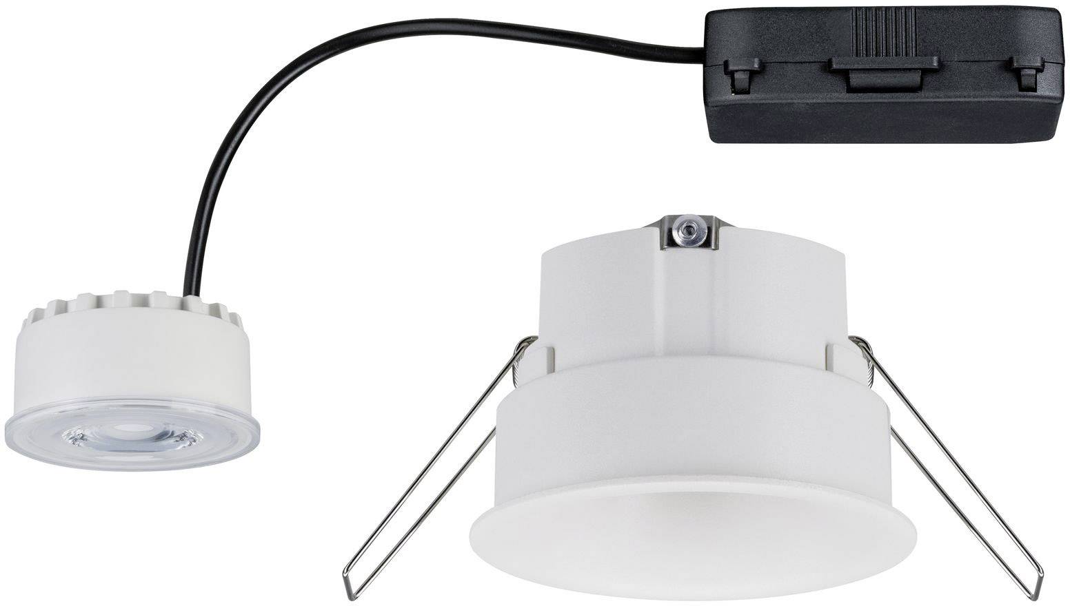Ein runder, weißer Einbaustrahler mit LED-Licht und Kabel, verbunden mit einem schwarzen Anschlusskasten.