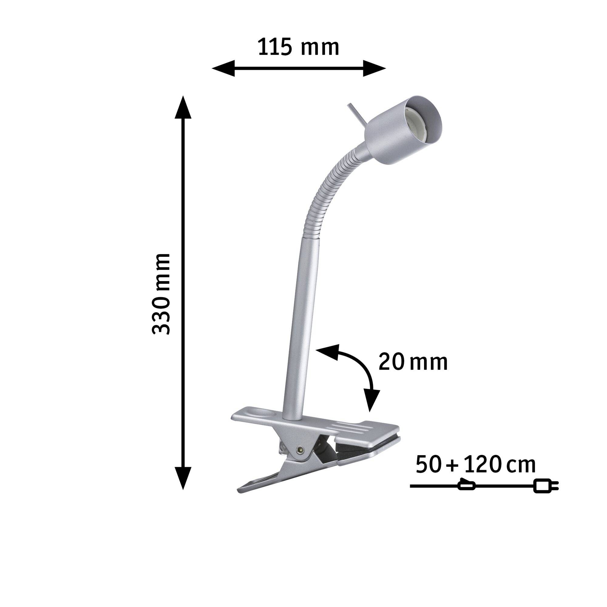 Tischlampe mit flexiblem Hals, Maße: Höhe 330 mm, Breite 115 mm, Klemme 50 + 120 mm, Lampenschirmdurchmesser 20 mm.