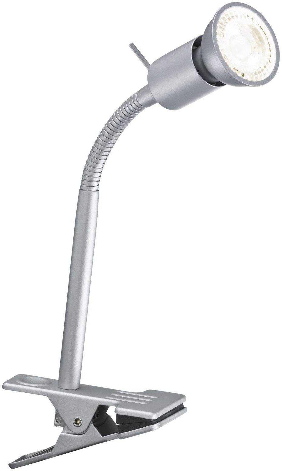 Silberne LED-Klemmleuchte mit flexiblem Hals, geeignet für den Schreibtisch oder das Bett, bietet gezielte Beleuchtung.