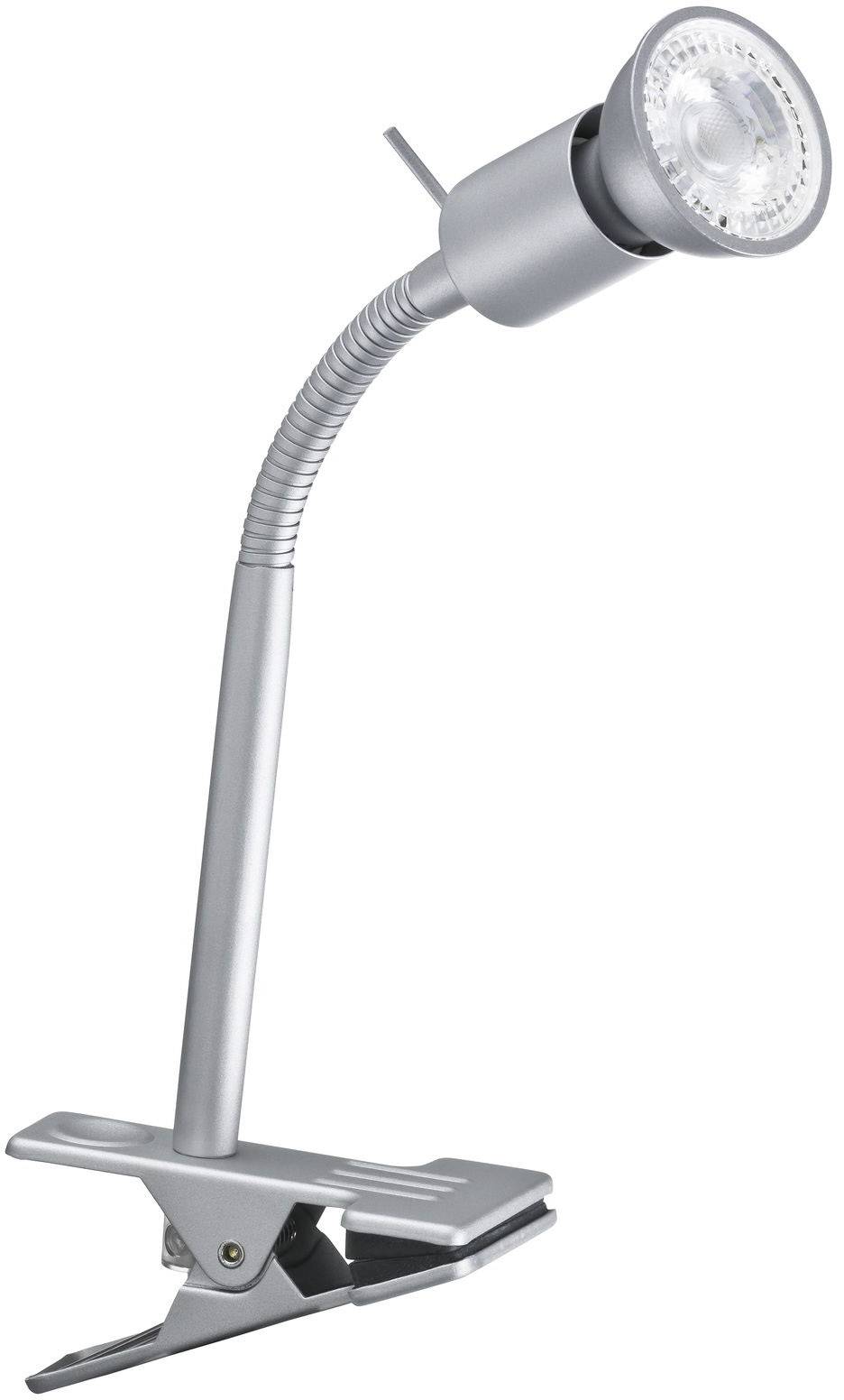 Eine silberne Lampe mit flexiblem Hals und Klemme, ideal zum Anbringen an Schreibtischen oder Regalen für gezieltes Licht.