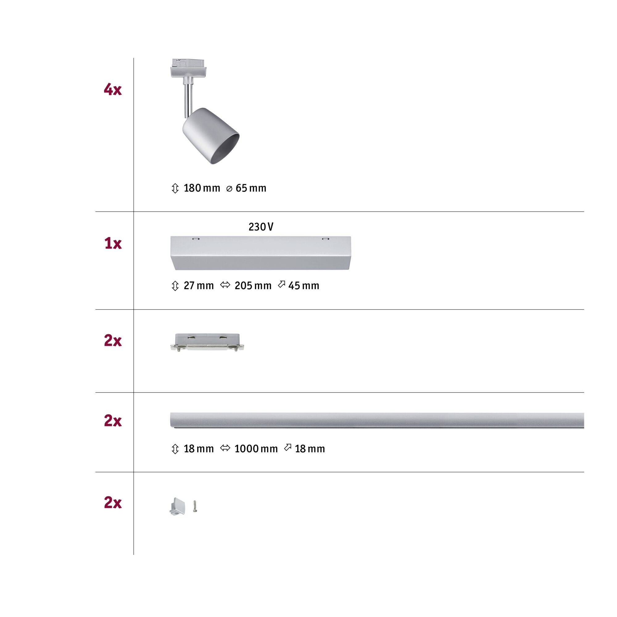 'Set beinhaltet: 4x Lampen (Ø 180 mm, L 65 mm), 1x Verbindung (L 205 mm, B 45 mm), 2x Schienen (Ø 18 mm, L 1000 mm), 2x Zubehör.'