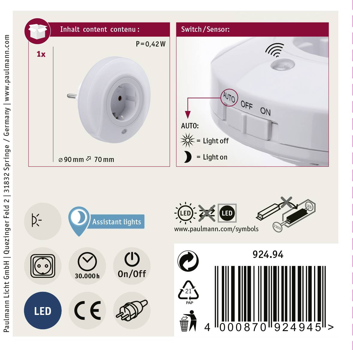 'Paulmann Licht LED-Nachtlicht, rund, Schalterpositionen: Auto, Off, On. Inhalt: 1 Stück, Leistung: 0,42W, 90mm x 70mm.'