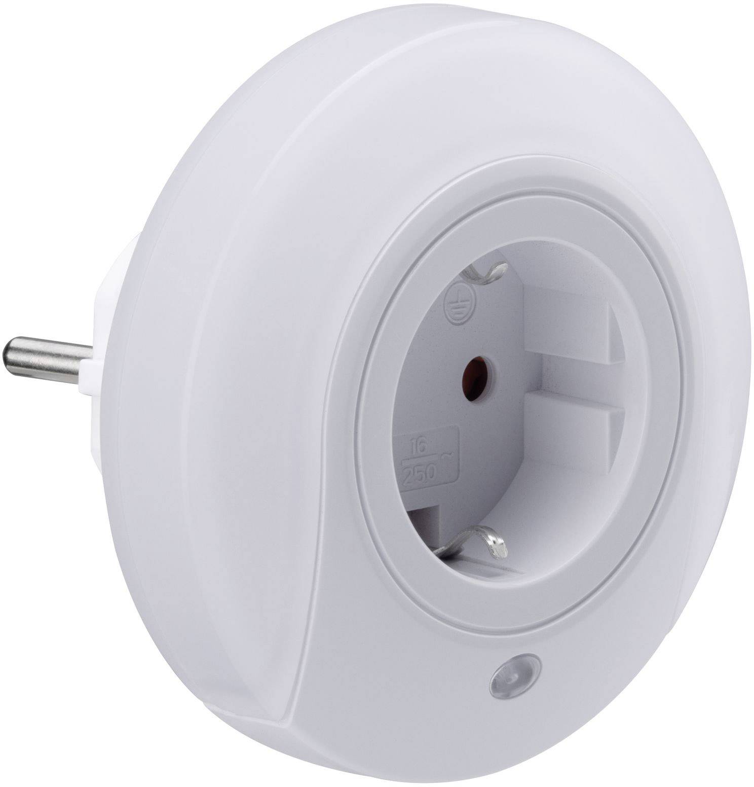Weißer, runder Zwischenstecker mit Schutzkontaktbuchse, von der Seite gezeigt. Geeignet für elektrische Geräte im Innenbereich.