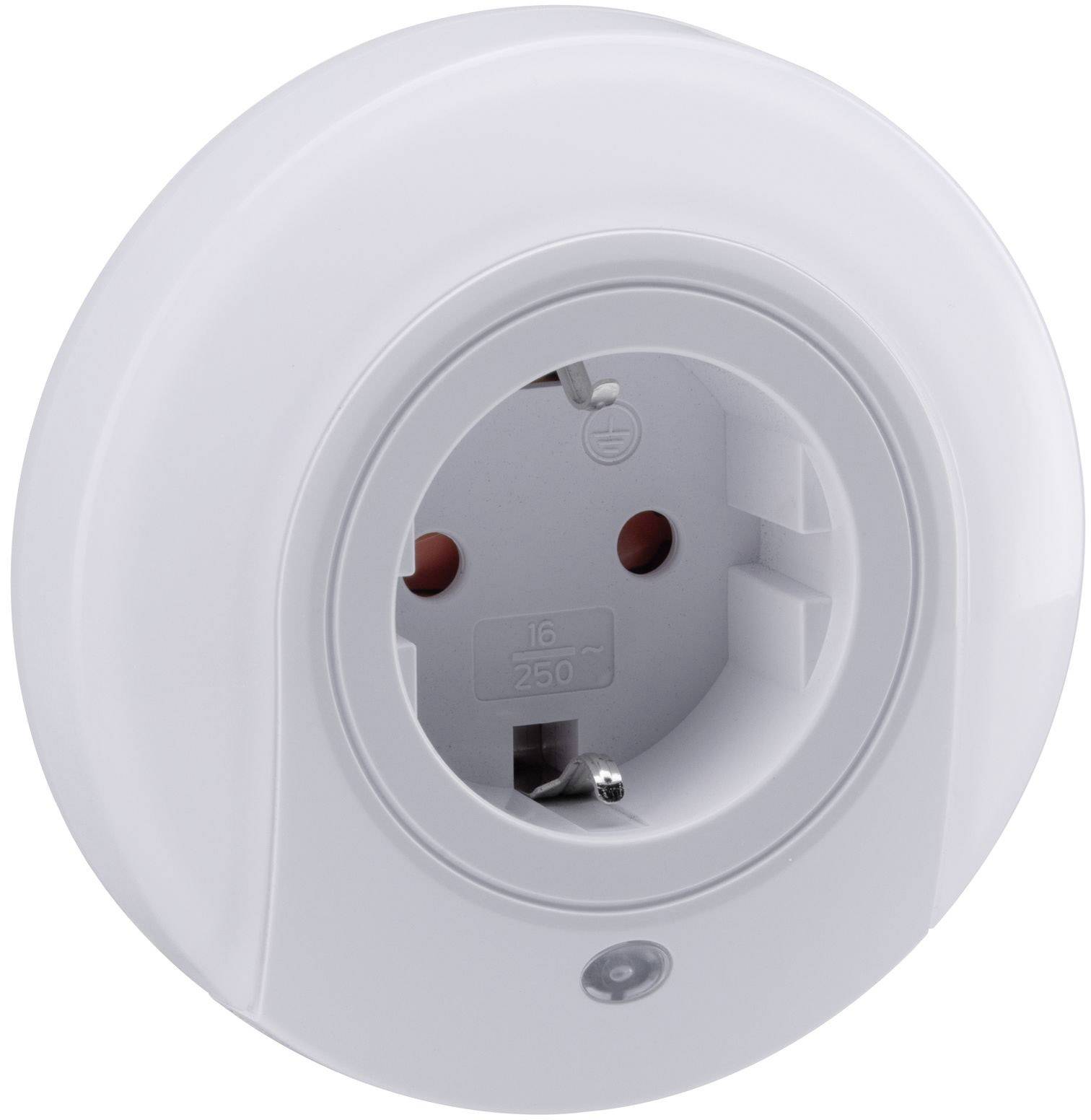 Weiße runde Steckdose an der Wand, Schrauben sichtbar, geeignet für 16 Ampere, 250 Volt.