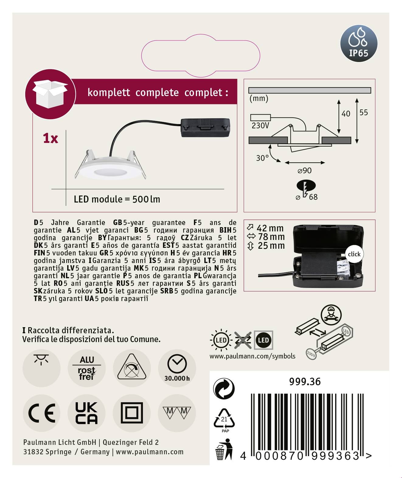 'Verpackungsrückseite eines LED-Moduls mit technischen Spezifikationen: 5 Jahre Garantie, 500lm, IP65, Maße: Ø42mm, Tiefe 25mm.'