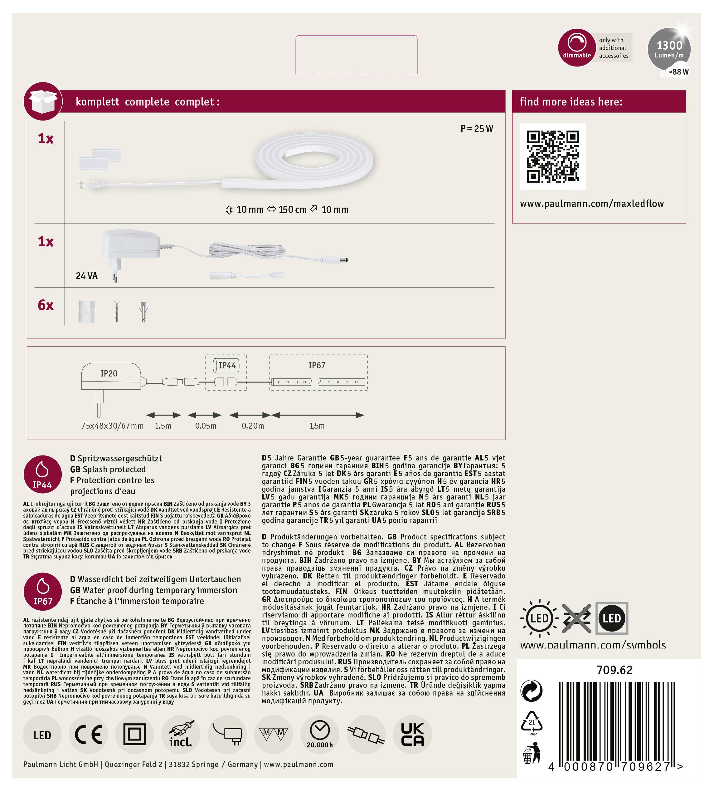 'LED-Streifen Komplett-Set': Enthält 1x LED-Streifen, 1x Netzteil, 6x Clips. Leistung: 25W, Eingang: 24V. Schutzart: IP20/IP67. Montageanleitung unten.