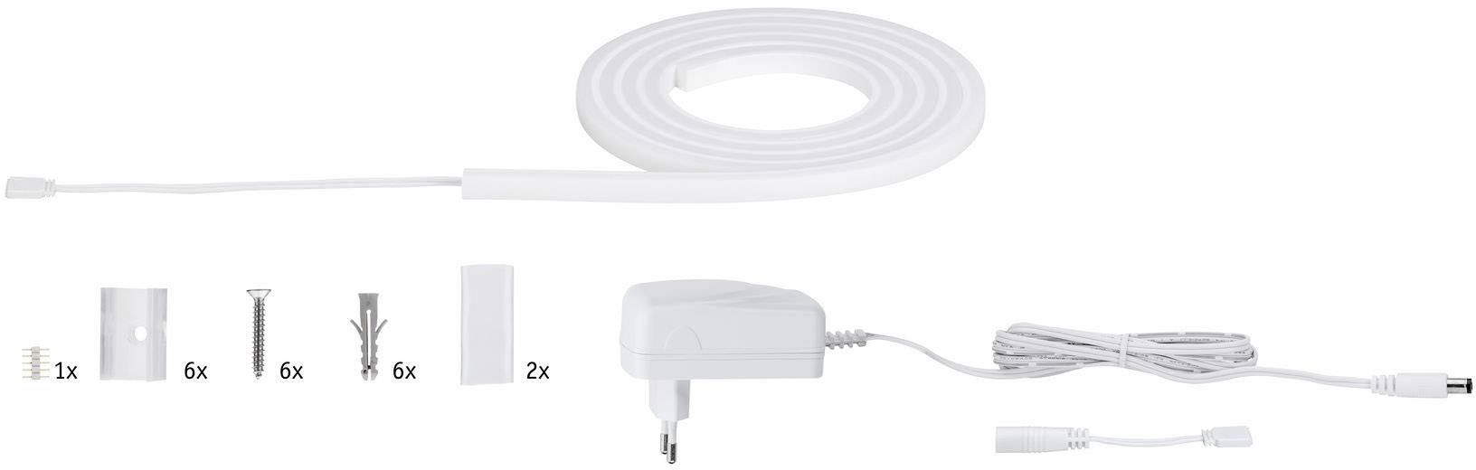 Kabel und Adapter-Set bestehend aus Netzteil, einem 5m LED-Leuchtstreifen sowie Befestigungsmaterial in unterschiedlichen Größen.