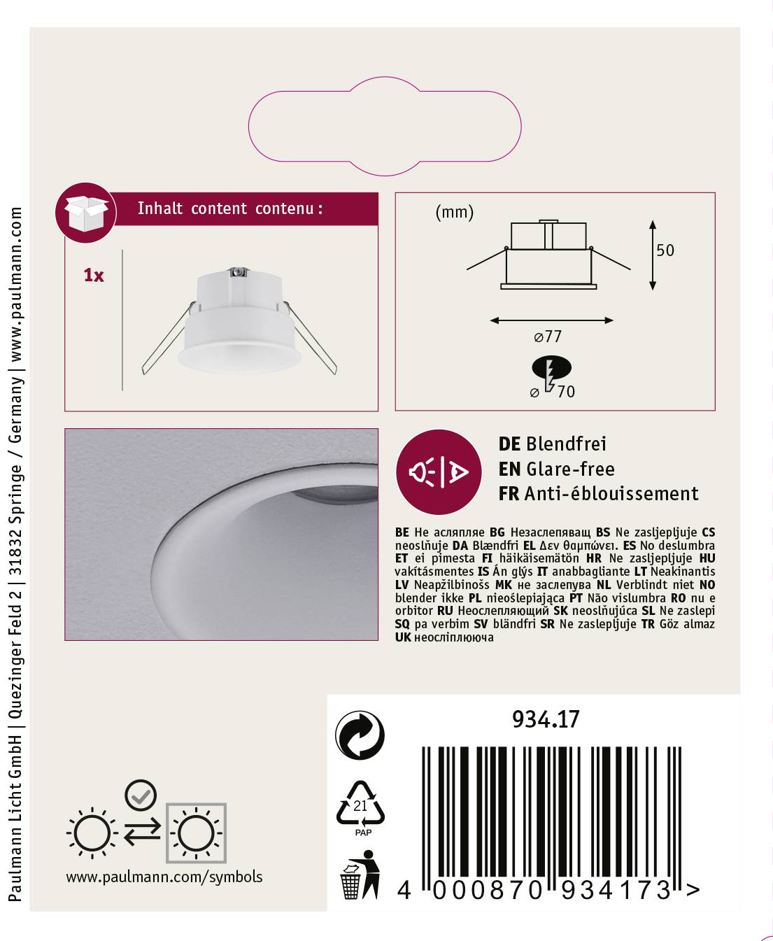 'Blendfreies LED-Deckeneinbauleuchten-Set, 1 Stück. Abmessungen: Ø77 mm, Höhe 50 mm. Inhalt: 1x Leuchte. Hersteller: Paulmann Licht GmbH.'