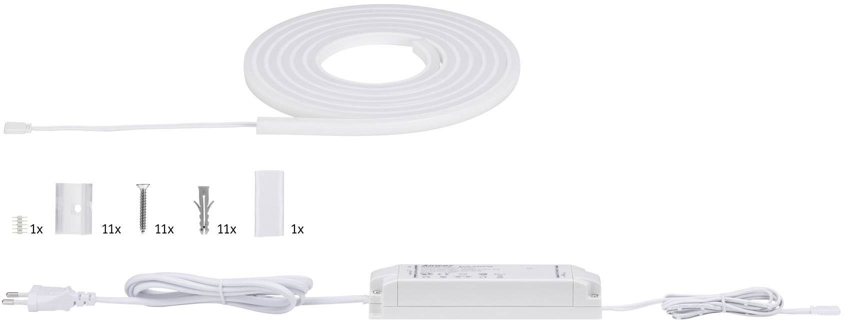LED-Lichtstreifen-Set mit Netzteil und Zubehörteilen, einschließlich Montagehalterungen und Kabel.