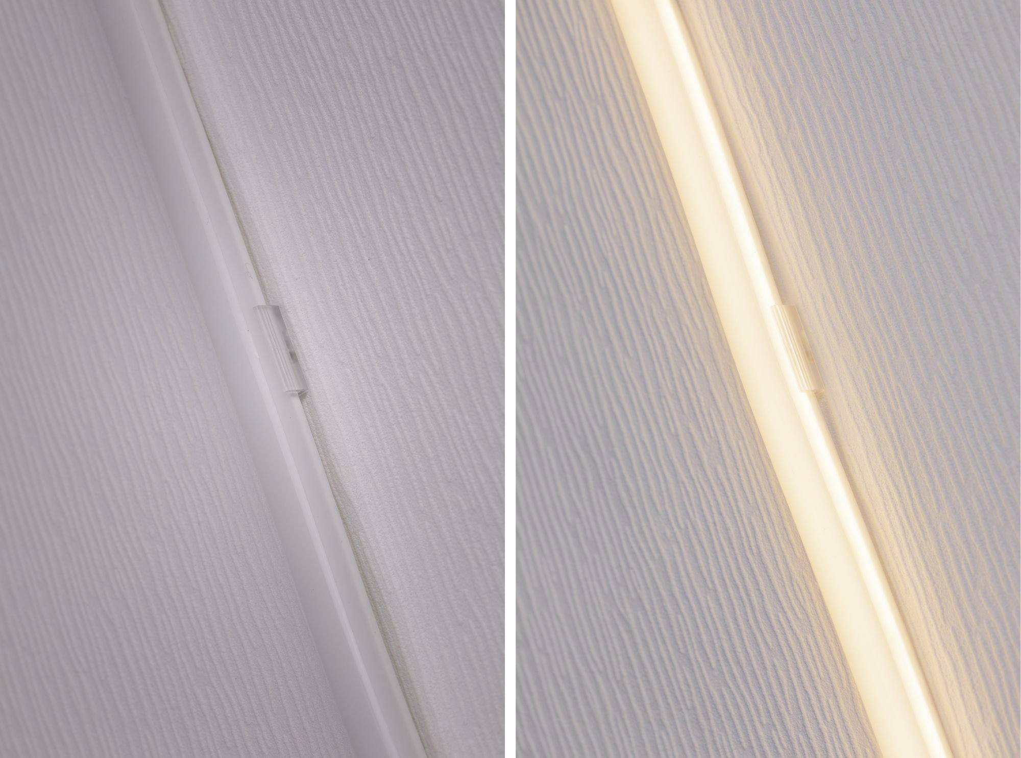 Zwei Fotos von einer Leuchte auf hellem Hintergrund: links ausgeschaltet, rechts leuchtend in warmweißem Licht.