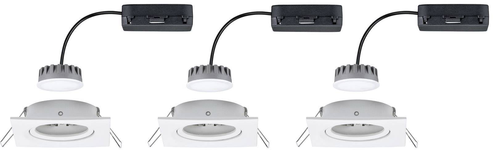 Drei einzelne LED-Einbaustrahler mit runden Leuchten, jeweils verbunden mit schwarzen Anschlusskästen über Kabel, auf weißem Hintergrund.
