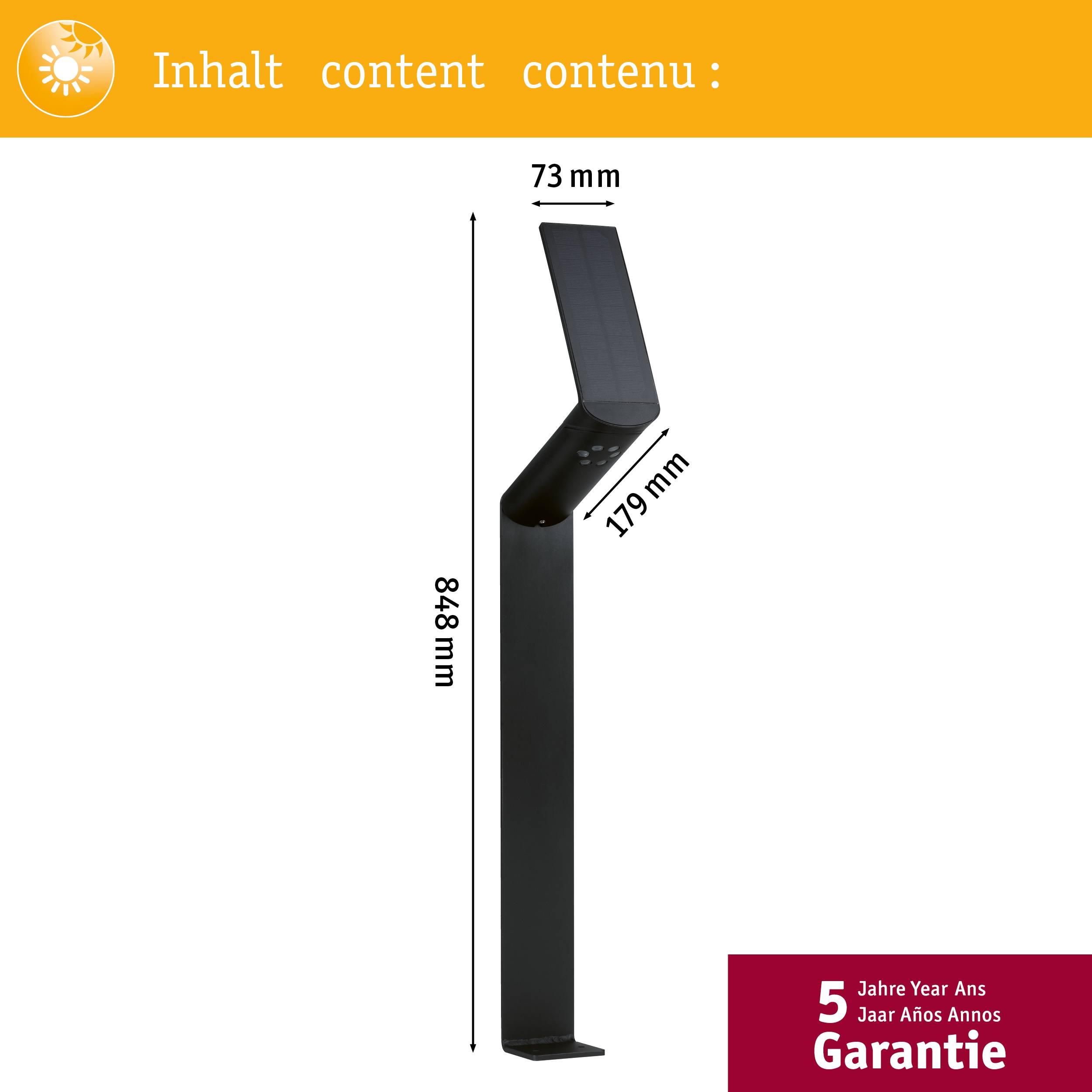 Schwarze Metallstange in L-Form, Abmessungen: 848 mm hoch, 73 mm breit, 179 mm tief. Oben links: 'Inhalt' in drei Sprachen. Unten rechts: '5 Jahre Garantie' in mehreren Sprachen.