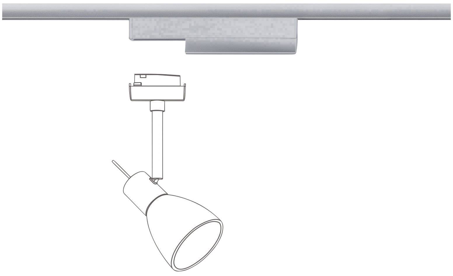 Zeichnung einer einstellbaren Deckenstrahlerlampe an einer Schiene, ideal zur gezielten Beleuchtung in Innenräumen.