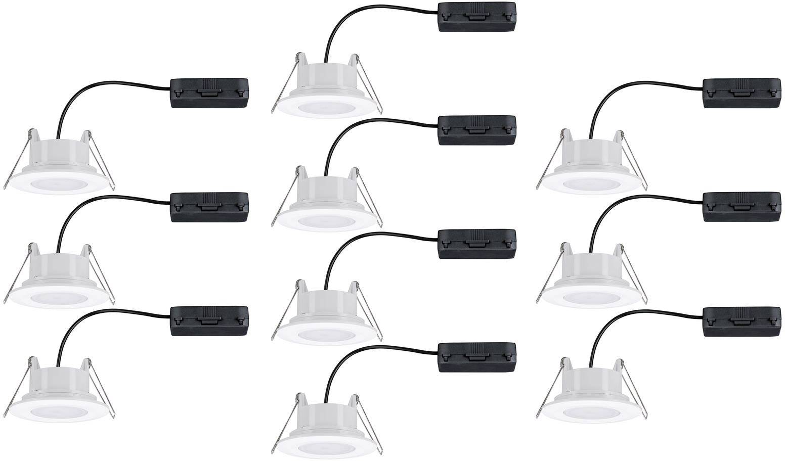 Zehn runde LED-Deckeneinbauleuchten mit schwarzem Kabel und flachem Adapter, gleichmäßig verteilt in einem Raster.