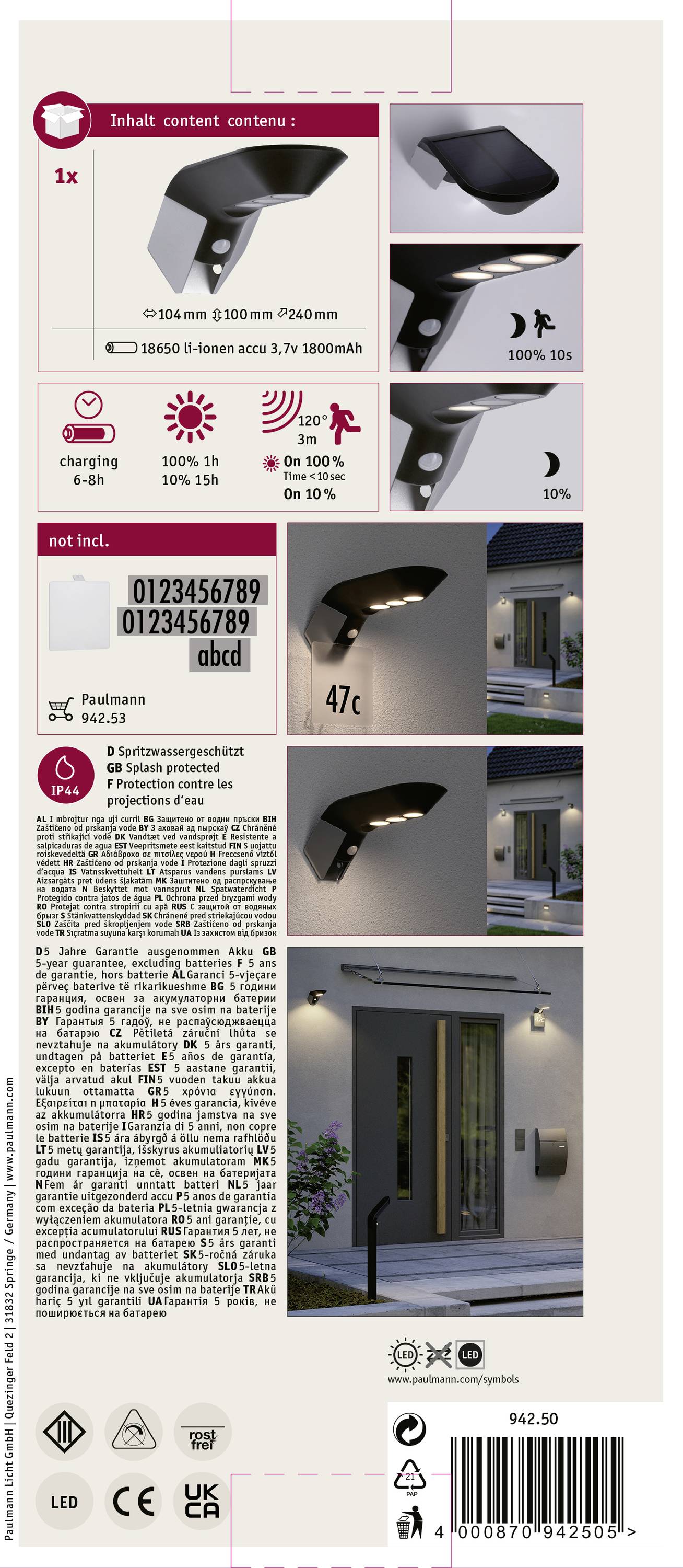'Verpackung einer LED-Wandlampe mit Bewegungsmelder. Enthält technische Details: 10 Watt, IP44, 3000K. Bilder zeigen Lampe bei Nacht.'