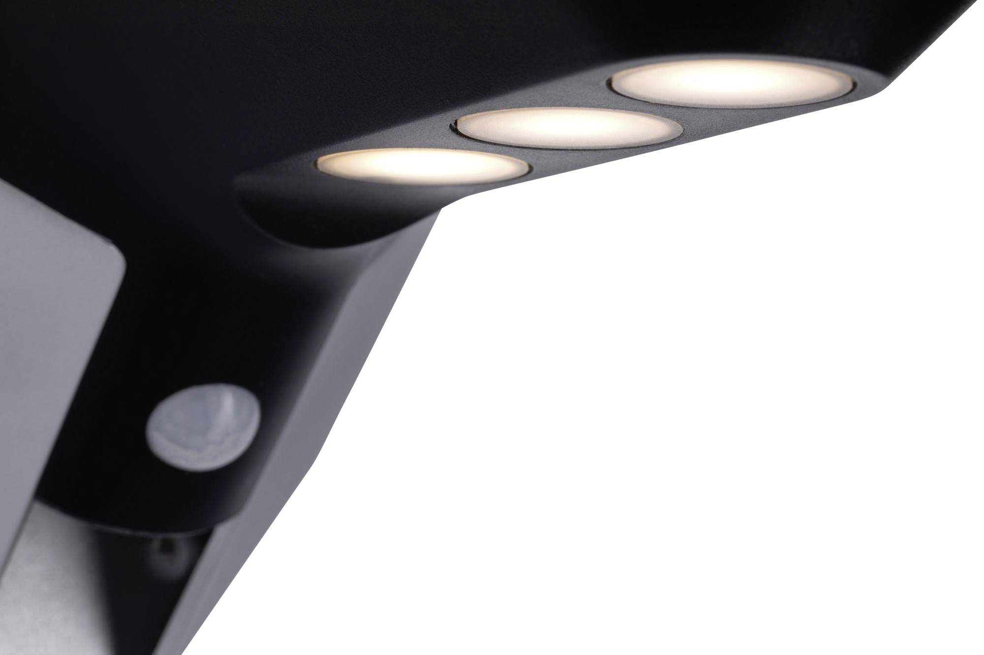 Moderne schwarze Deckenleuchte mit vier runden, leuchtenden LED-Lampen, geeignet zur dezenten Raumbeleuchtung.