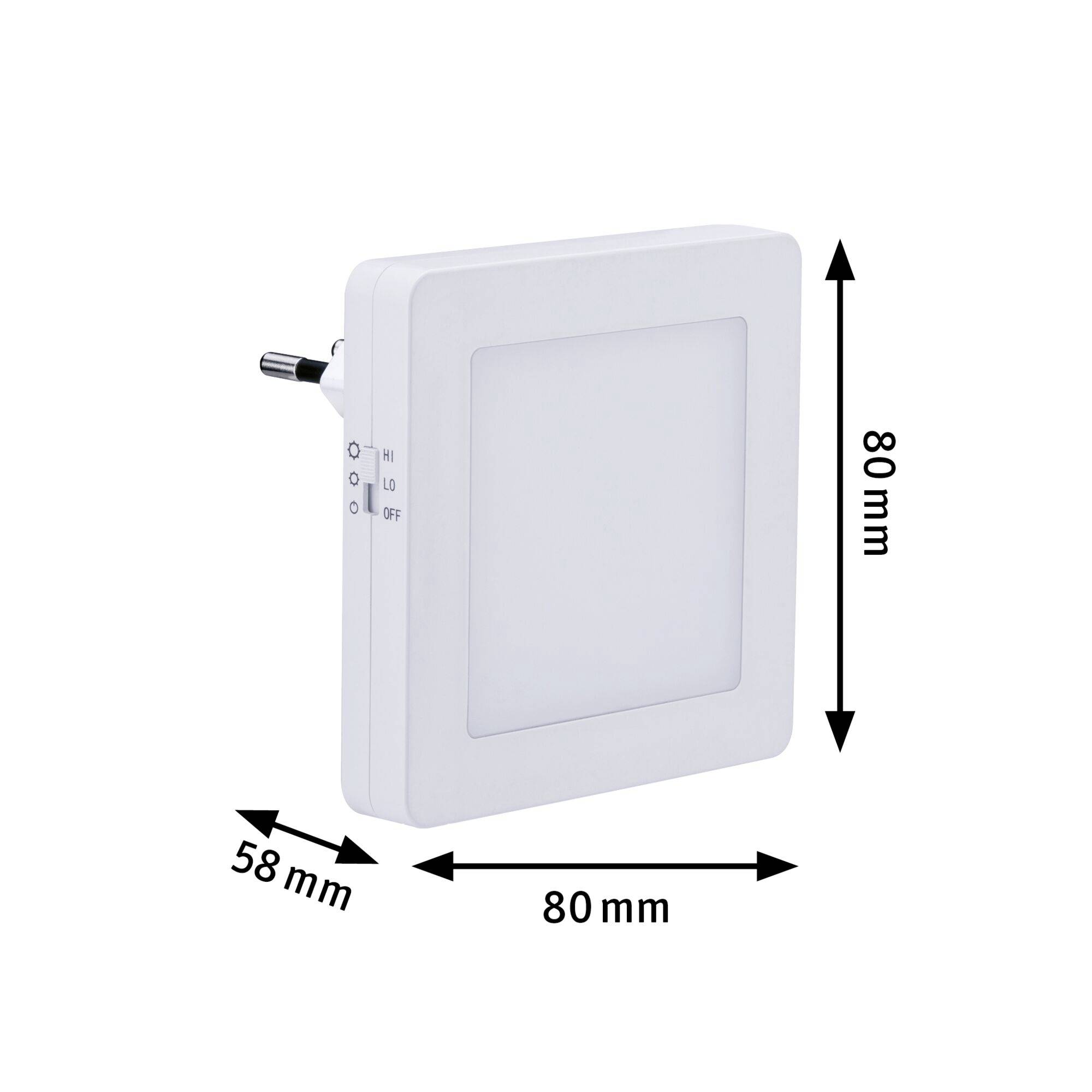 Weiße Nachtlampe mit Abmessungen 80 mm x 58 mm; schaltbar mit Ein/Aus-Taste. Geeignet für Steckdose; schlichtes, quadratisches Design.
