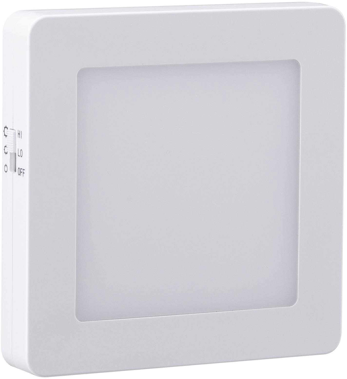 Quadratische weiße LED-Deckenleuchte mit seitlichem Schalter für Ein/Aus und Helligkeitseinstellungen.