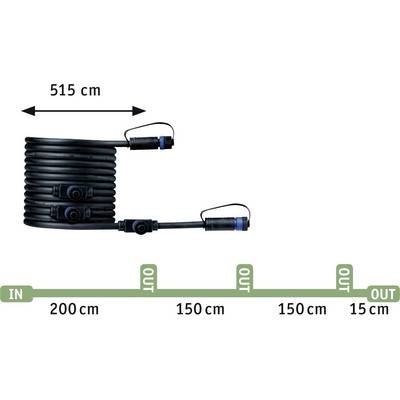 'Bewässerungsschlauch-Set' zeigt: 515 cm aufgerollter Schlauch, mit Ein- und Ausgängen alle 150 cm. Einlass bei 200 cm.