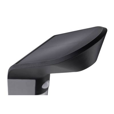 Schwarze, moderne Außenwandleuchte mit abgewinkeltem Design und flacher Oberseite.
