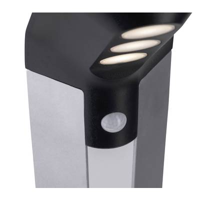 Schwarze LED-Wegeleuchte mit Bewegungssensor, abgeschrägte Oberseite mit sichtbaren Linsen. Ideal für Außenbeleuchtung.