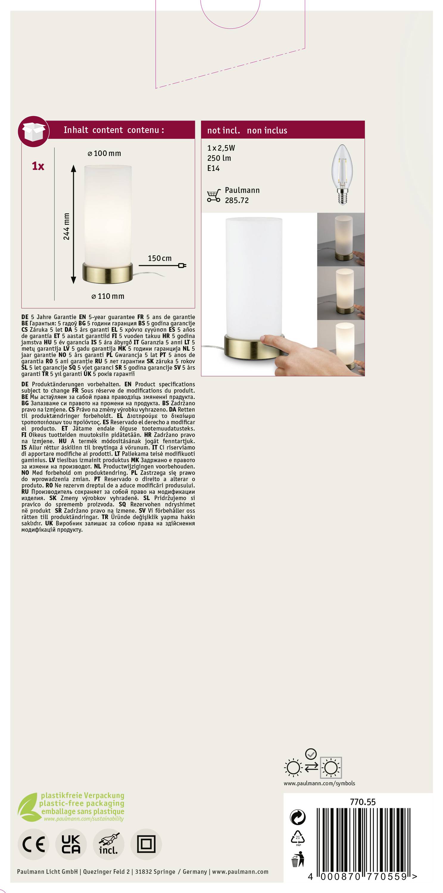 Tischleuchte mit zylindrischem, weißem Lampenschirm und Messingfuß. Höhe 350 mm. E14, max. 25 W, Leuchtmittel nicht enthalten.