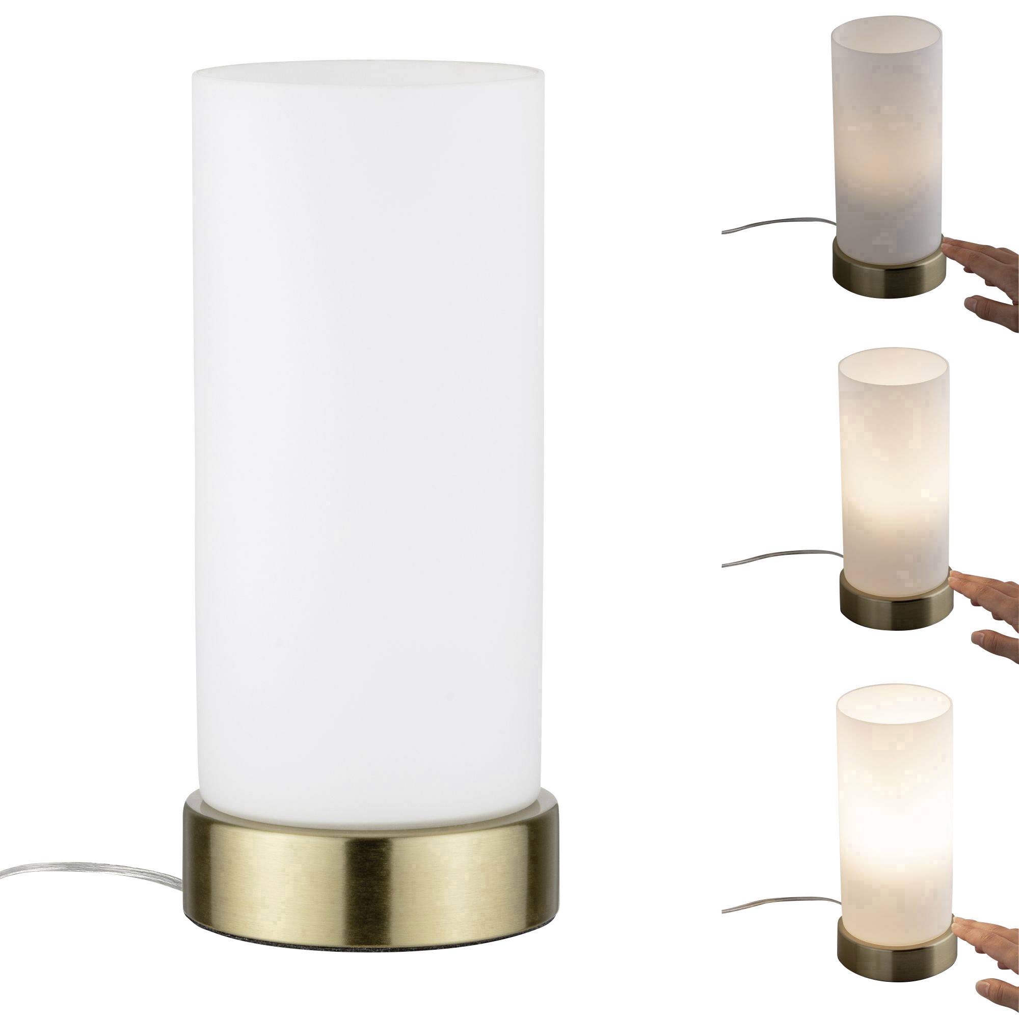 Weiße Tischlampe mit zylindrischem Schirm und messingfarbener Basis, zeigt drei Beleuchtungsstufen durch Berührung.