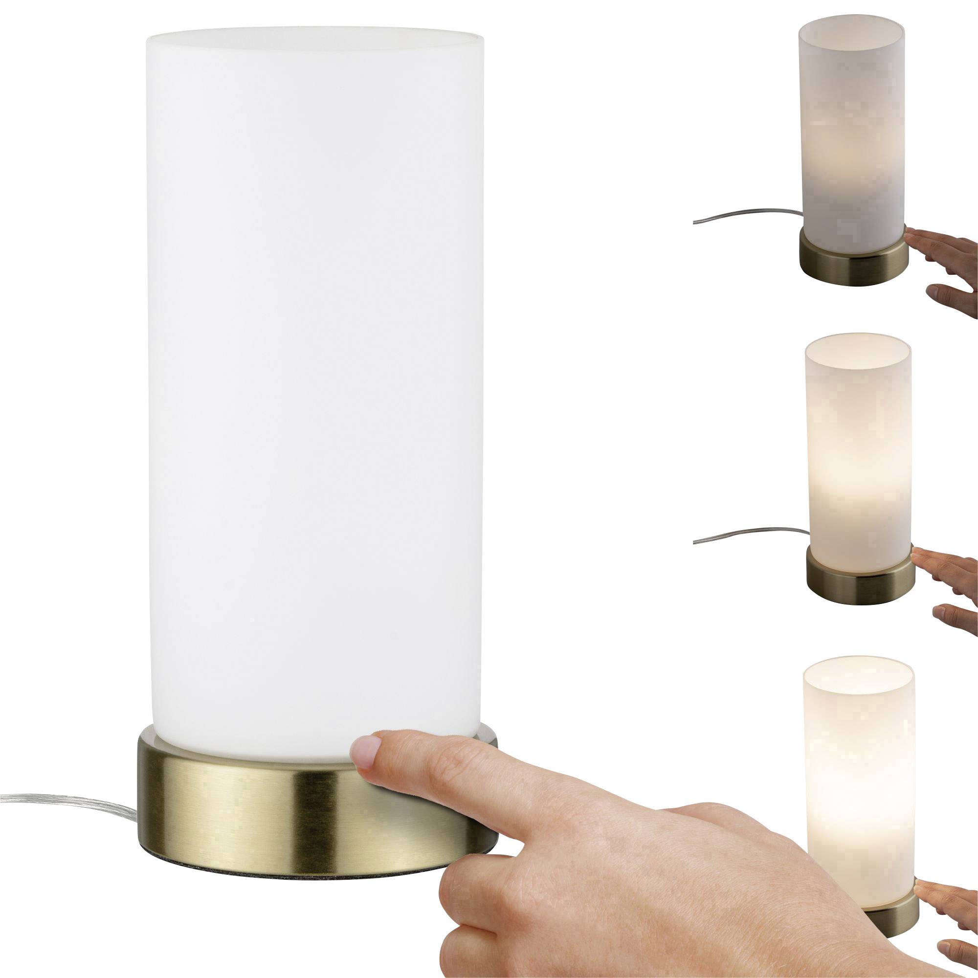 Eine Tischlampe mit zylinderförmigem Leuchtkörper und Touch-Funktion wird eingeschaltet. Drei Farbtemperaturen sind sichtbar.