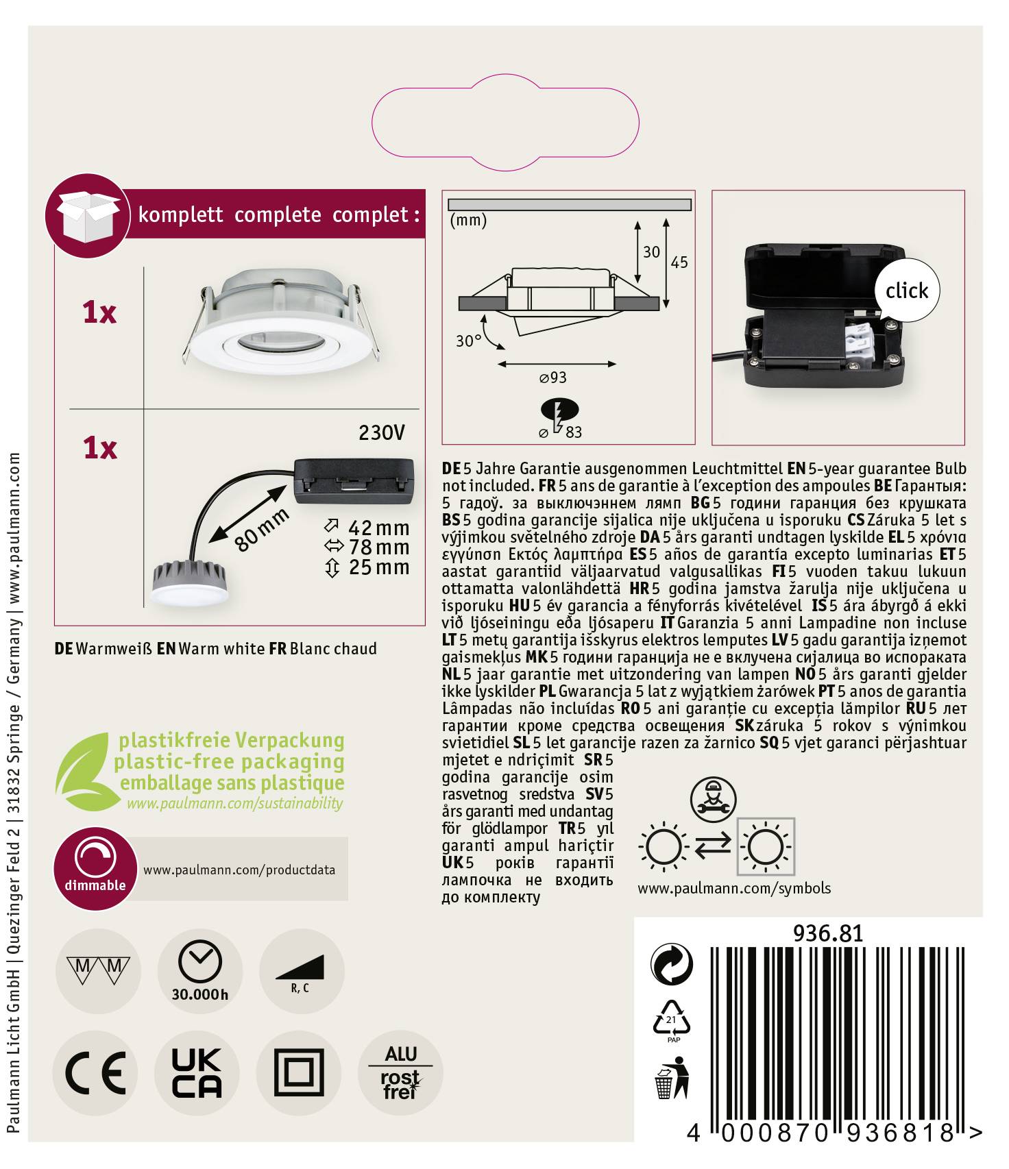 'Verpackungsrückseite eines LED-Downlights. Enthält Produktabbildungen, Anschlussdetails, Garantieinformation und Recyclinghinweise.'