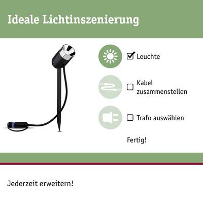 Landschaftsleuchte mit Erdspieß; daneben Symbole: Sonne ('Leuchte'), Steckverbinder ('Kabel zusammenstellen'), Stecker ('Trafo auswählen'); Text: 'Ideale Lichtinszenierung'.