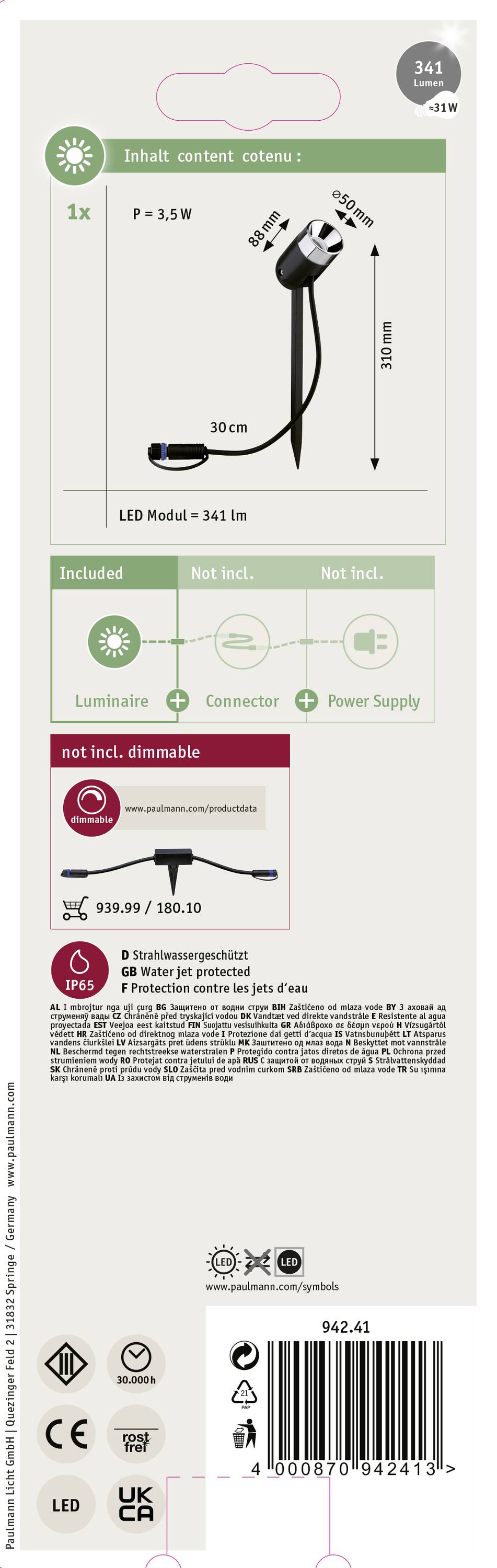 'LED Modul – 343 lm' Verpackungsetikett. Zeigt ein LED-Licht mit abnehmbarer Steckverbindung. Enthält Montageanleitung und technische Details.
