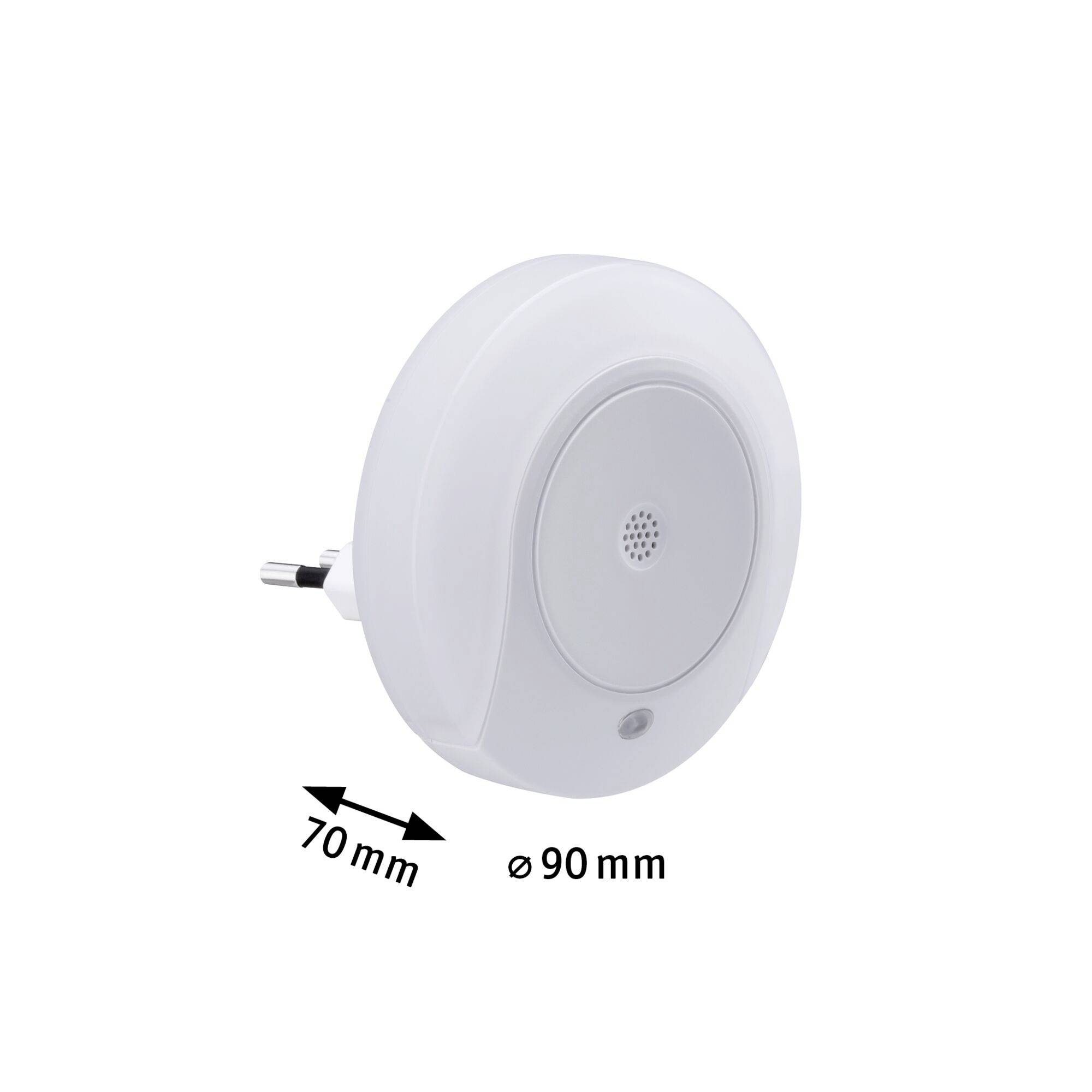 Ein rundes Nachtlicht für die Steckdose mit einem Durchmesser von 90 mm und einer Tiefe von 70 mm.