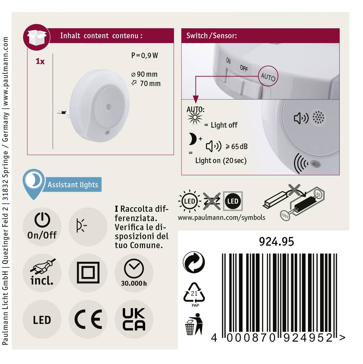 'LED-Unterbauleuchte' mit Schalter und Sensor, Energieverbrauch 0,9W, Maße 90x70mm, geeignet für Möbelbeleuchtung. Enthält Symbole für Einstellungen und Normen.
