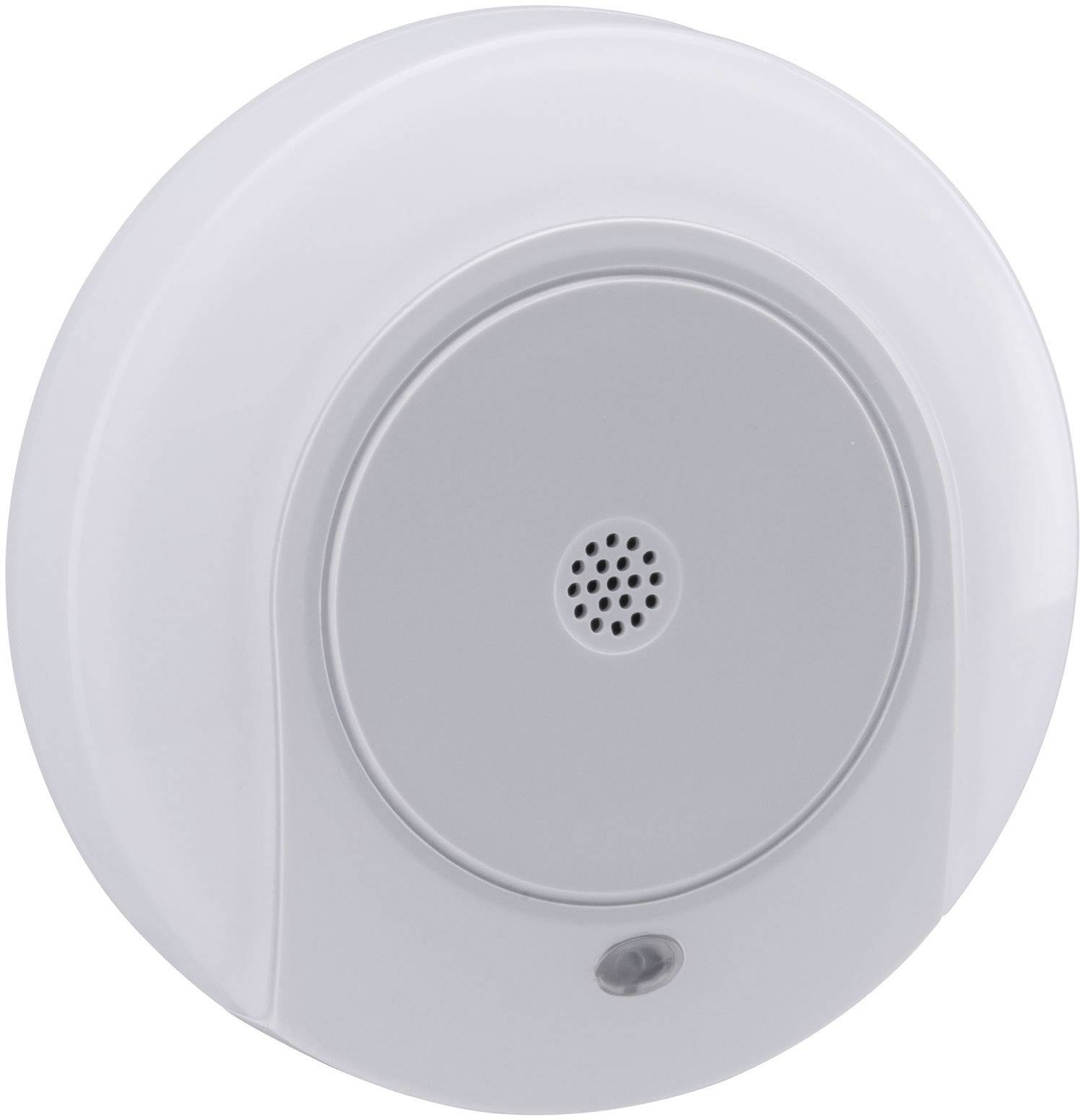 Runder, weißer Rauchmelder mit zentralem Gitter und seitlichem Sensor. Installiert an der Decke zur Brandfrüherkennung.