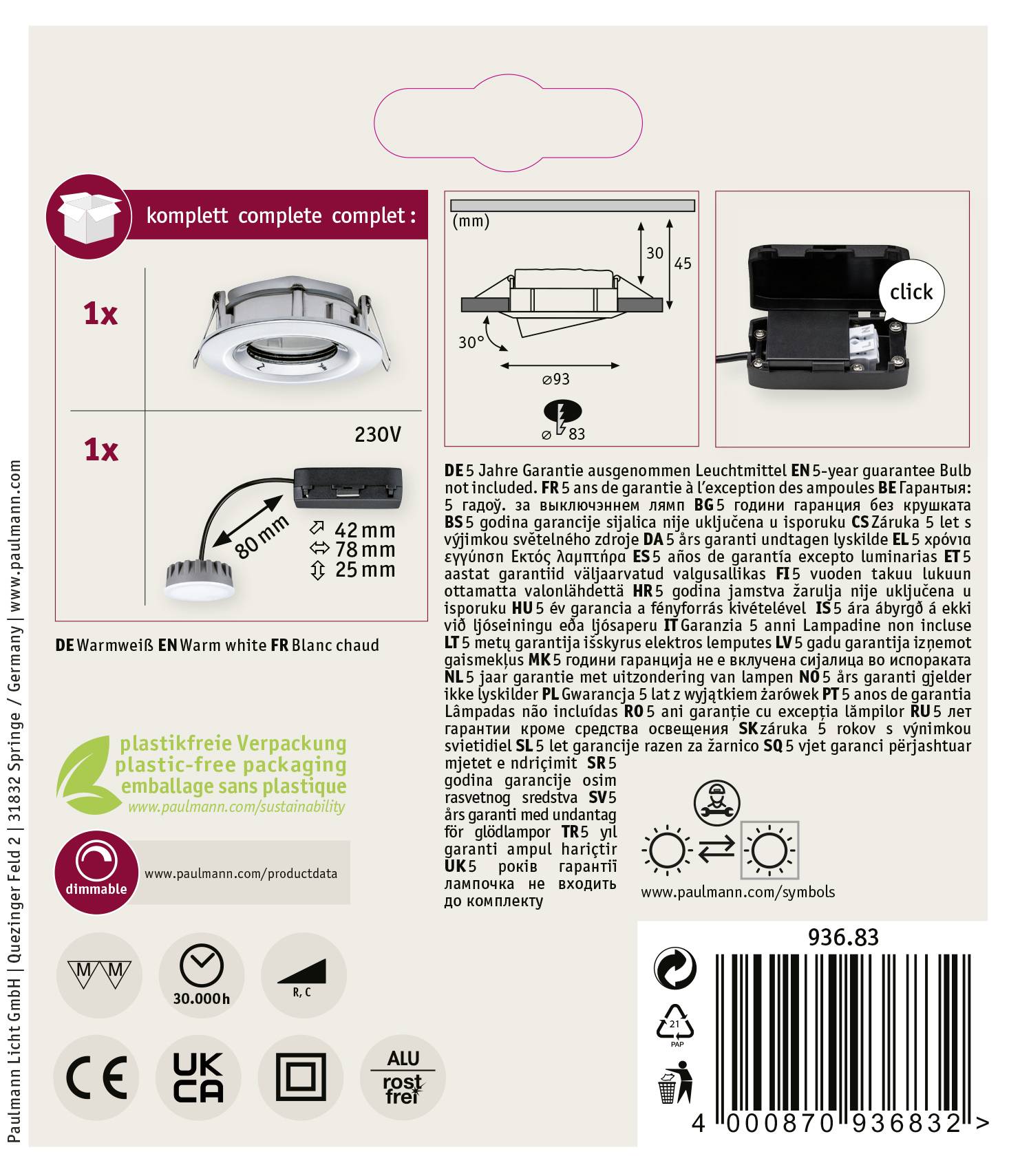 'Packung eines LED-Einbaustrahlers in weiß mit Montageanleitung und technischen Details. Geeignet für 230V und bietet 5 Jahre Garantie.'