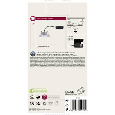 Verpackungsrückseite eines LED-Lampen-Sets. Enthält Details zu Inhalt (3x), Durchmesser (42 mm, 75 mm), IP65-Schutz und Energieklasse.