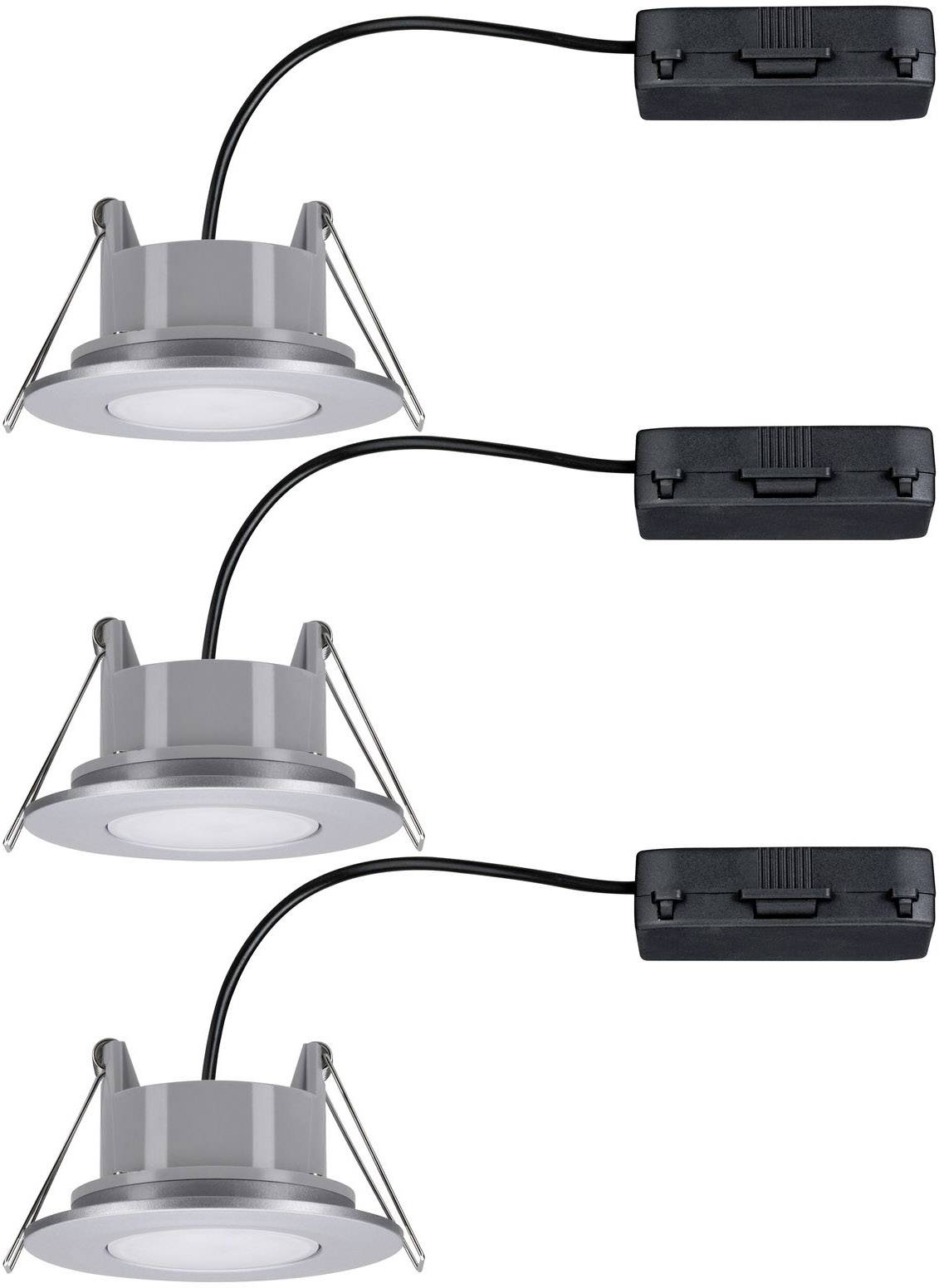 'Drei Einbau-LED-Downlights mit schwarzer Verkabelung und Montagerahmen, gestapelt in einer vertikalen Reihe.'