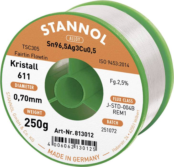 Eine Rolle Lötzinn der Marke Stannol. Durchmesser: 0,70 mm, Gewicht: 250 g. Legierung: Sn96,5Ag3Cu0,5. Made in Germany. Flux-Klasse: J-STD-004B REM1.