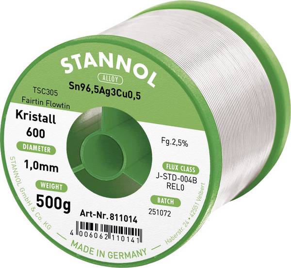 Stannol Kristall 600 Fairtin Lötzinn, bleifrei bleifrei Sn96,5Ag3Cu0,5 REL0 500 g 1 mm