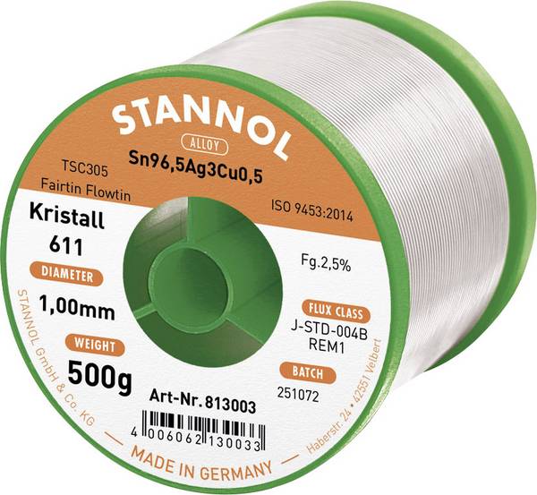 Stannol Kristall 611 Fairtin Lötzinn, bleifrei bleifrei Sn96,5Ag3Cu0,5 REM1 500 g 1 mm