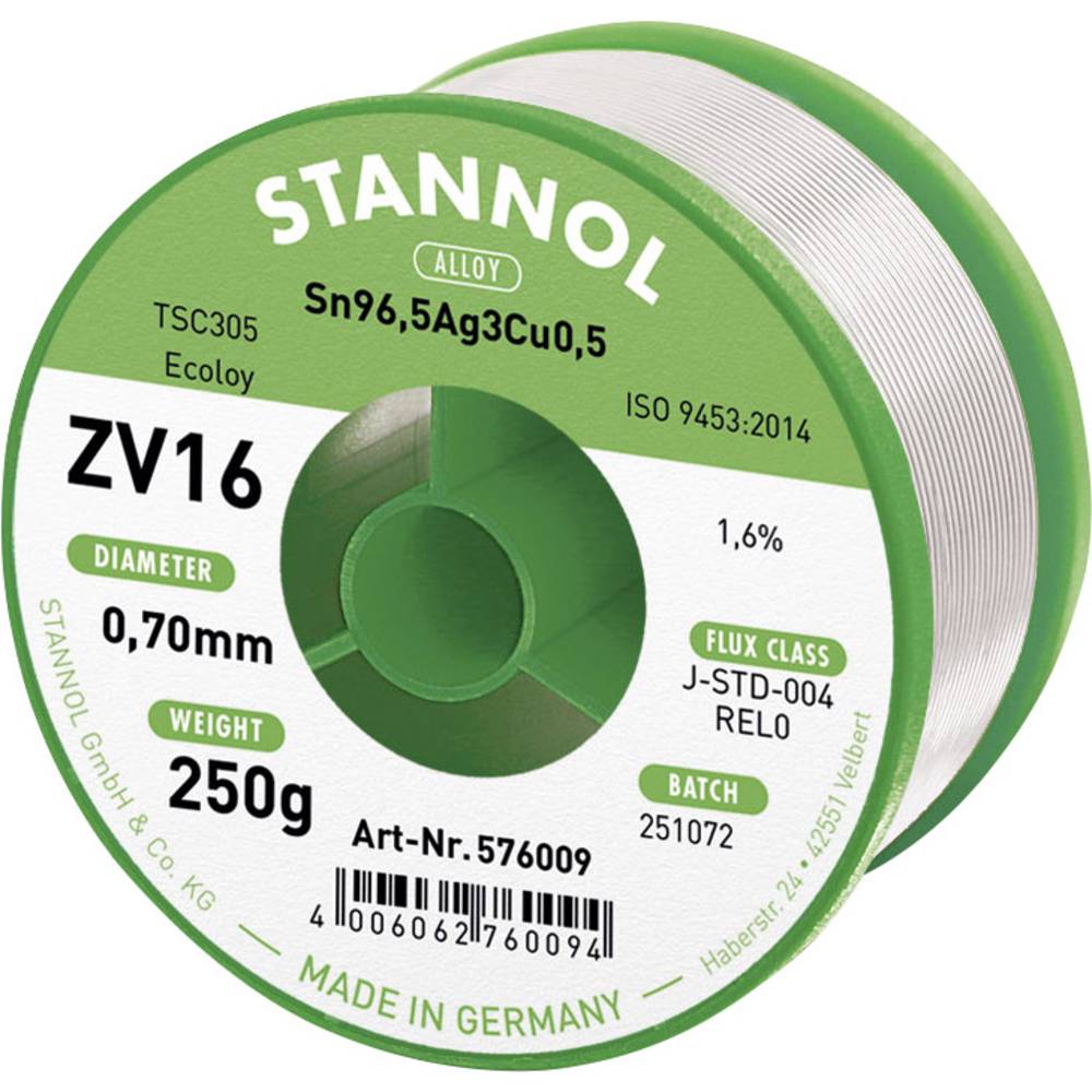 Stannol ZV16 Soldeertin, loodvrij loodvrij Sn3.0Ag0.5Cu 250 g 0.7 mm