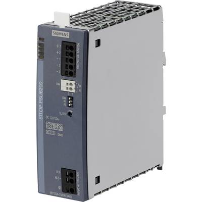 Industrienetzteil 'Siemens SITOP PSU6200' in grauem Gehäuse mit Spannungsausgang von 12V/12A. Gerät zeigt Anschlussklemmen und LED-Anzeigen.